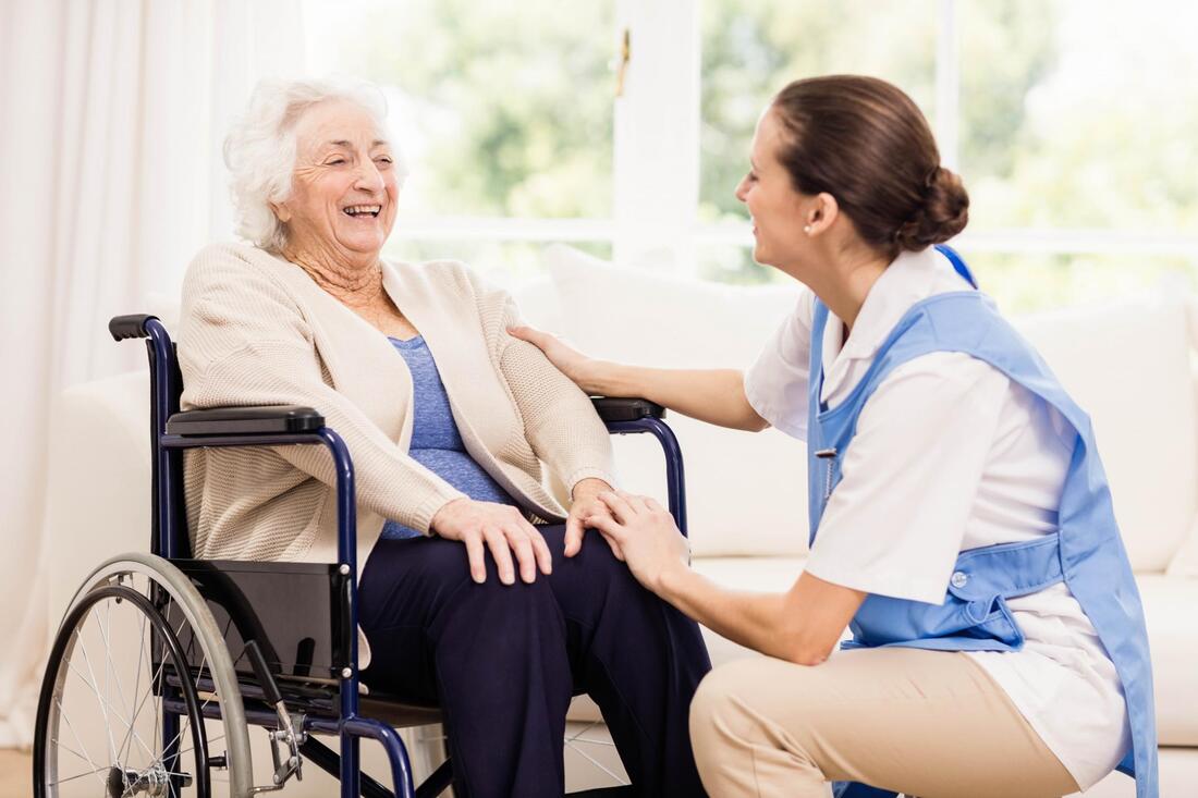 a woman in a wheelchair talking to a nurse